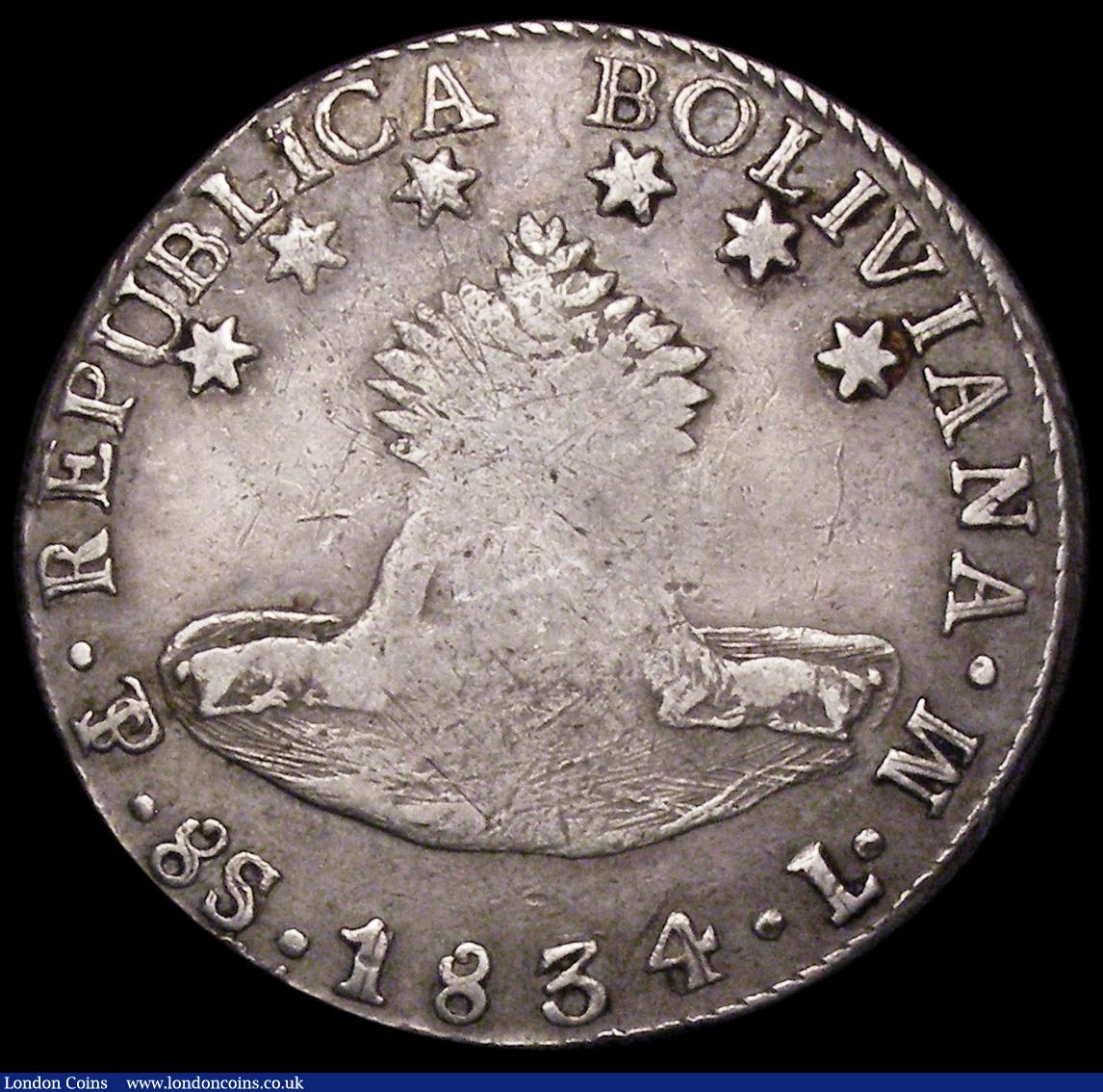 London Coins : A162 : Lot 1260 : Philippines 8 Reales Isabell II KM#100 countermarked on Bolivia 8 Soles 1834 PTS KM#97 countermark N...