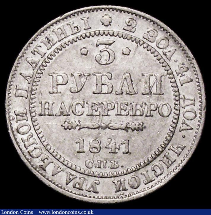 London Coins : A162 : Lot 1265 : Russia 3 Roubles Platinum 1841 CПБ C#177 NVF this type very rare, additionally a low mintage date ...