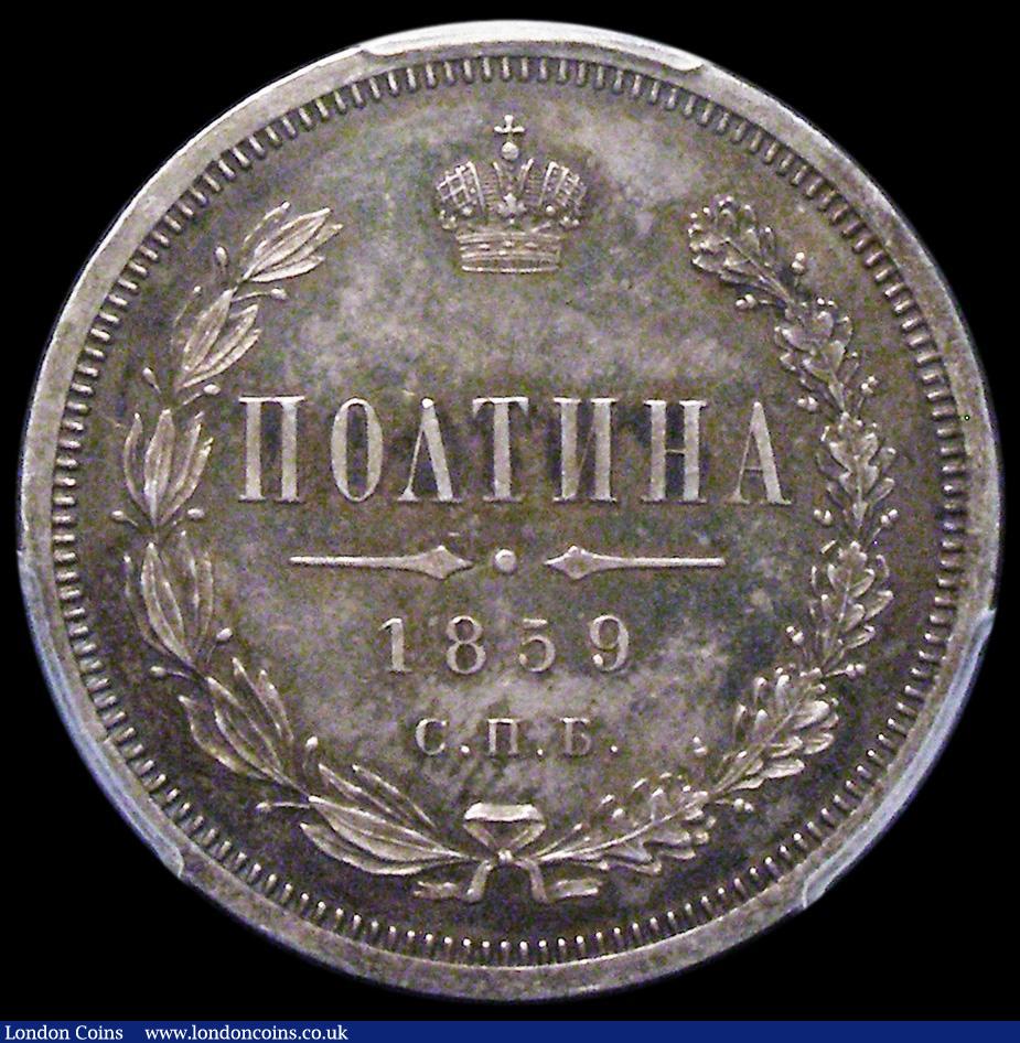 London Coins : A162 : Lot 1268 : Russia Poltina (1/2 Rouble) 1859 Y24 Bit-97 Small Crown Prooflike and choice Unc with a rich tone an...
