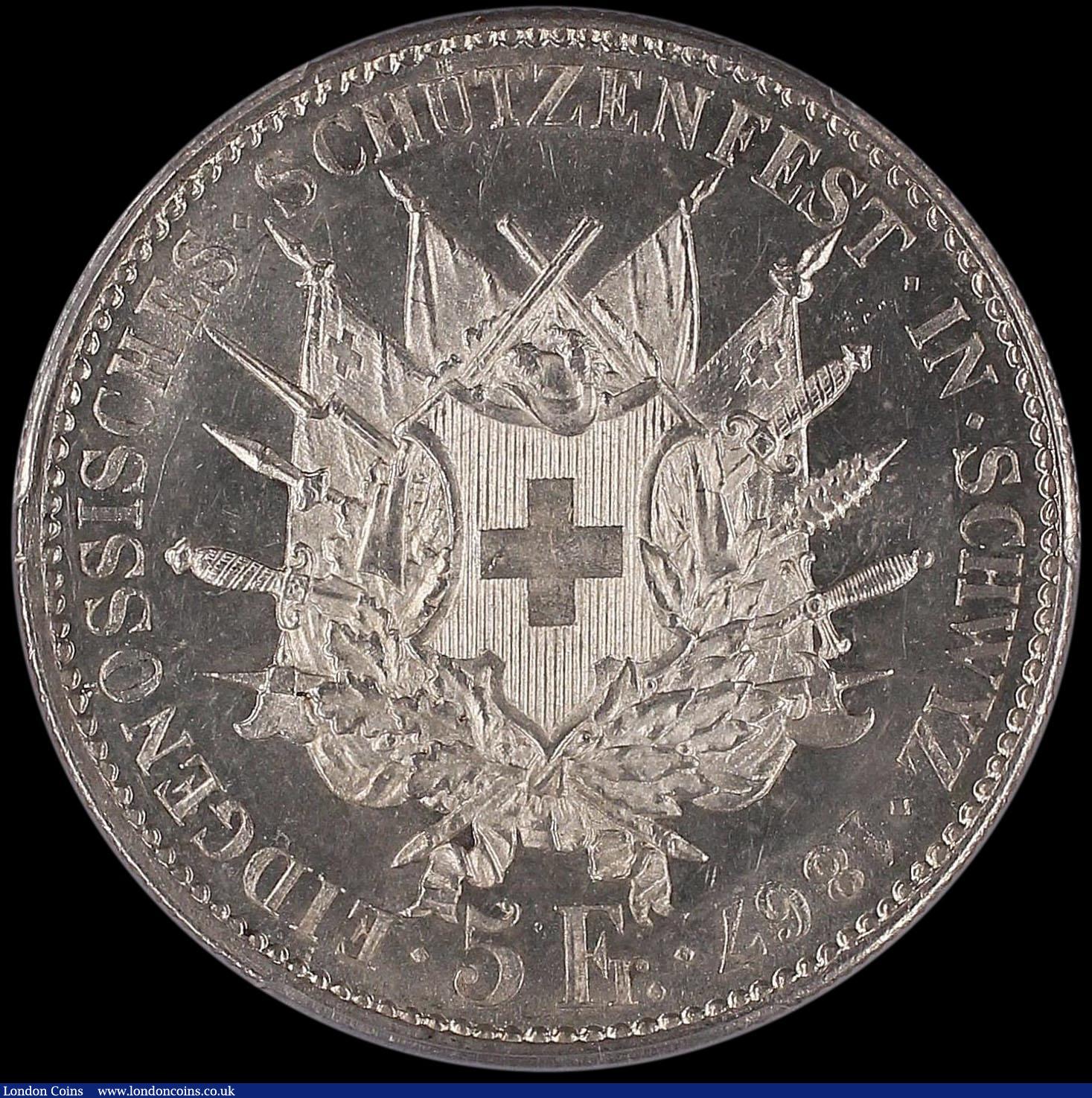 London Coins : A162 : Lot 1289 : Switzerland 5 Francs Shooting Thaler 1867 Schwyz X#S9 R-1070 UNC and almost fully lustrous, in a PCG...