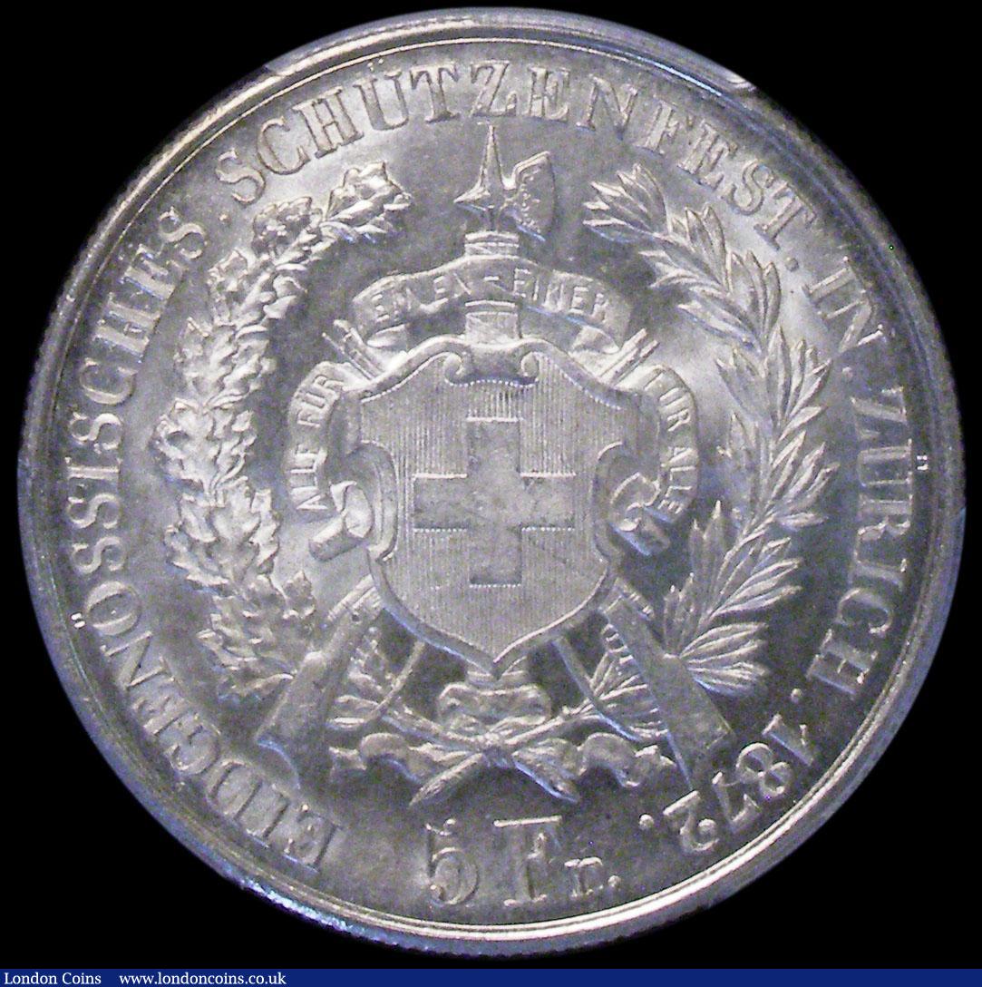 London Coins : A162 : Lot 1290 : Switzerland 5 Francs Shooting Thaler 1872 Zurich X#S11 Lustrous UNC, in  a PCGS holder and graded MS...