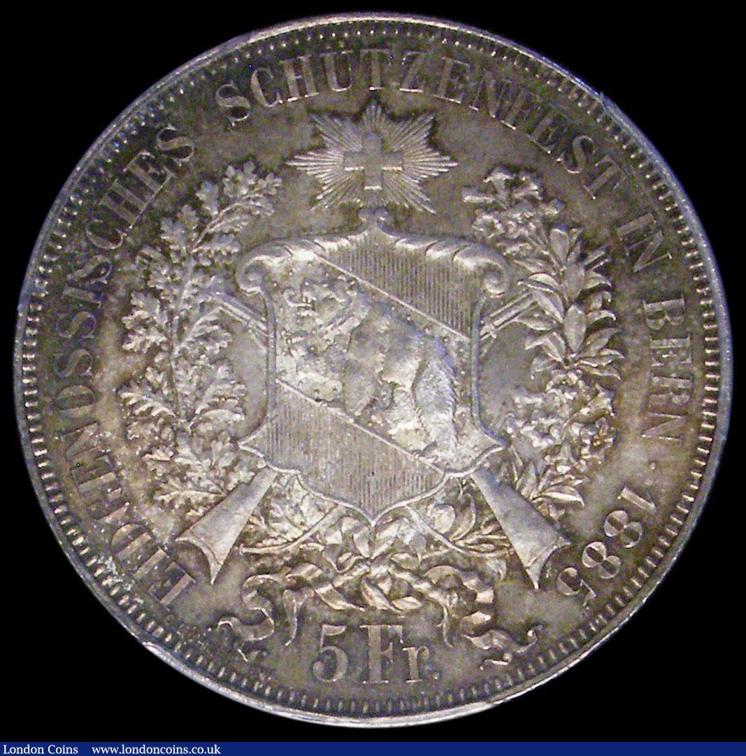 London Coins : A162 : Lot 1291 : Switzerland 5 Francs Shooting Thaler 1885 Bern X#S17, R-193 Toned UNC, in a PCGS holder and graded M...