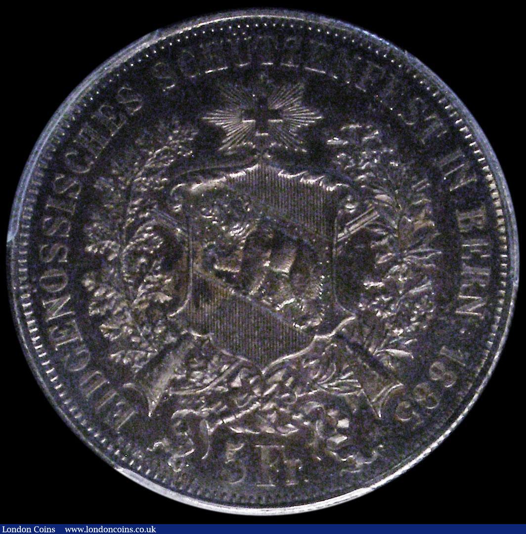 London Coins : A162 : Lot 1292 : Switzerland 5 Francs Shooting Thaler 1885 Bern X#S17, R-193 UNC and deeply toned, in a PCGS holder a...