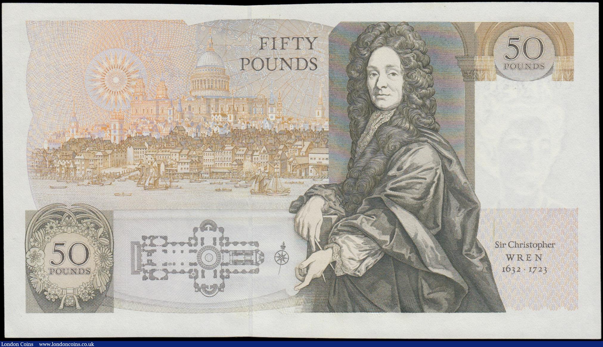 London Coins : A162 : Lot 149 : Gill Fifty Pounds B356 issued 1988 scarce FIRST RUN series C01 886182, Sir Christopher Wren on rever...