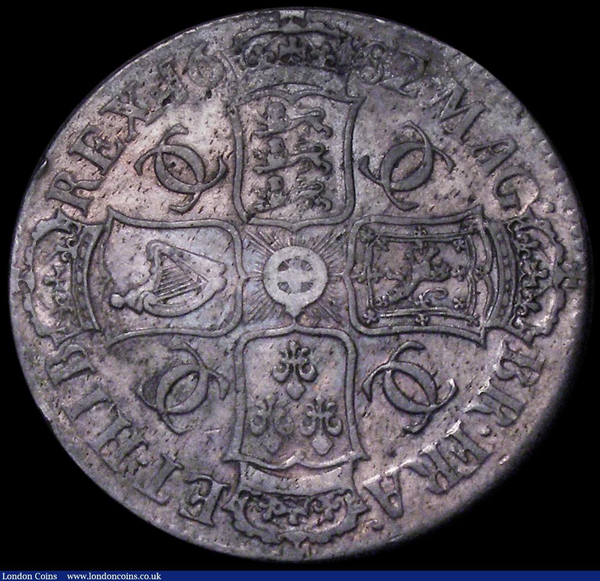 London Coins : A162 : Lot 1710 : Crown 1682 2 over 1, also edge appears QVRRTO due to QVARTO being struck over TERTIO ESC 65B, Bull 4...