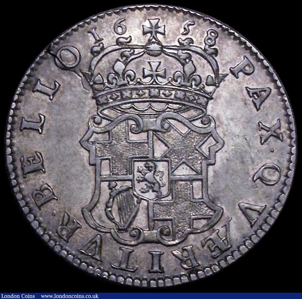 London Coins : A162 : Lot 1842 : Halfcrown 1658 Cromwell ESC 447, Bull 252 VF and attractively toned with a long flan crack at 7 o ...