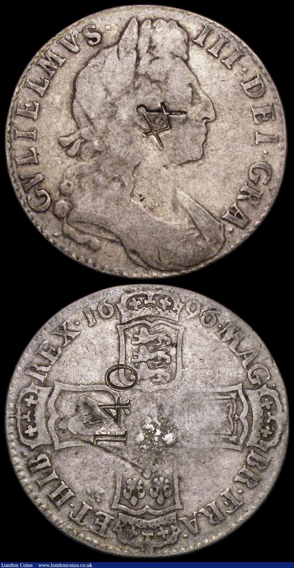 London Coins : A162 : Lot 1858 : Halfcrowns (2) 1672 Third Bust ESC 471 with stop after HIB Fine with some surface marks, 1696 OCTAVO...