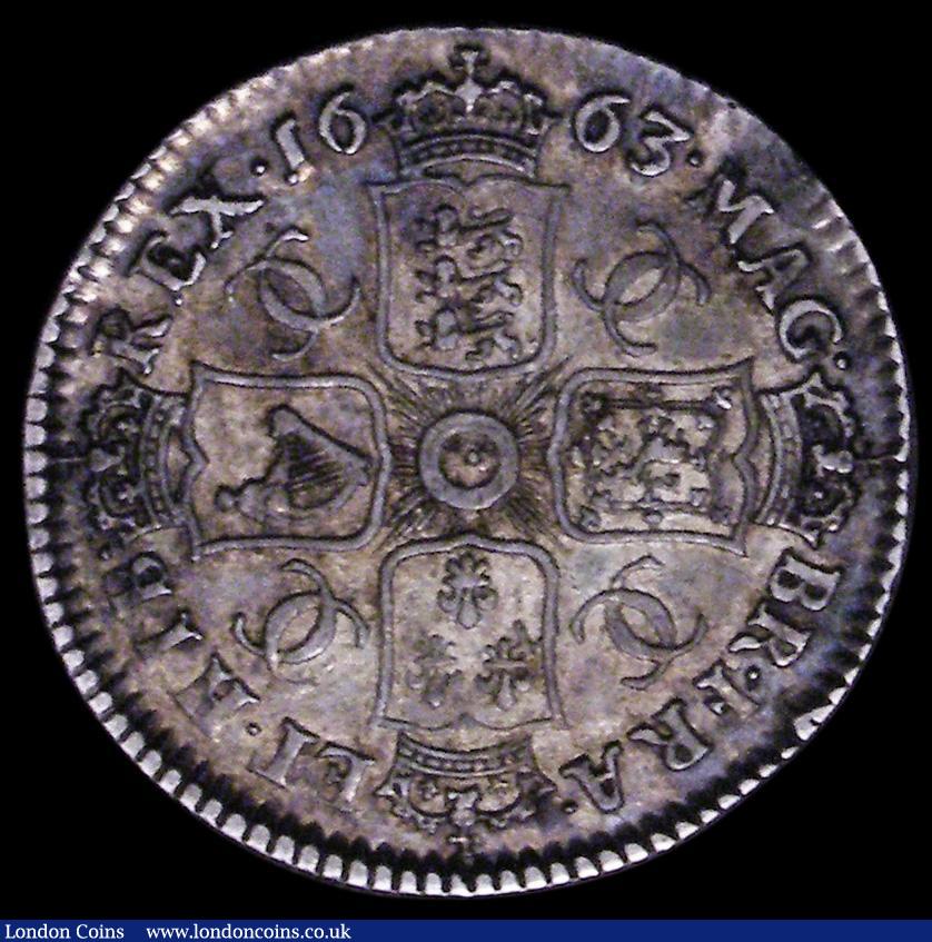 London Coins : A162 : Lot 1880 : Shilling 1663 First Bust Variety ESC 1025 VF with grey and gold toning