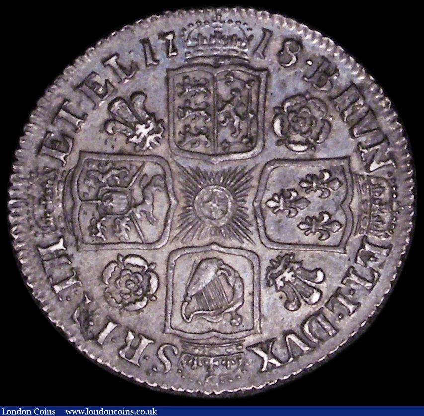 London Coins : A162 : Lot 1885 : Shilling 1718 Roses and Plumes ESC 1165, Bull 1566 NEF attractively toned, a small flan flaw on the ...