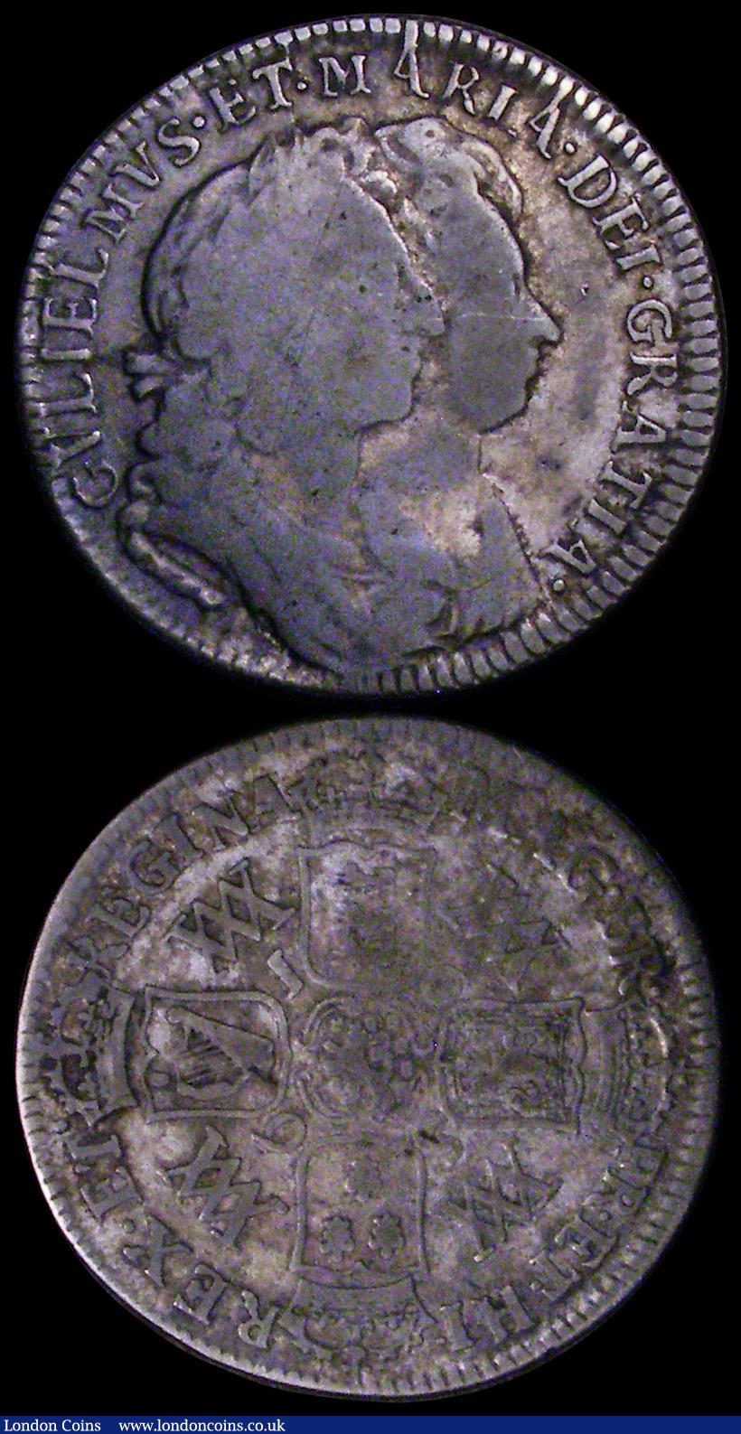 London Coins : A162 : Lot 1897 : Shillings (2) 1692 ESC 1075, Bull 863 NVF/VF toned with initials scratched on the portraits, this vi...