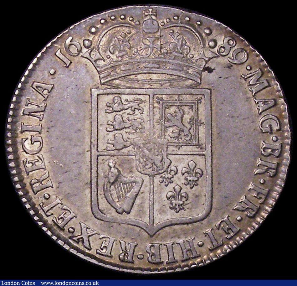 London Coins : A162 : Lot 2288 : Halfcrown 1689  First Shield, Caul Only Frosted, with Pearls, ESC 505, Bull 831 NVF with some gold t...
