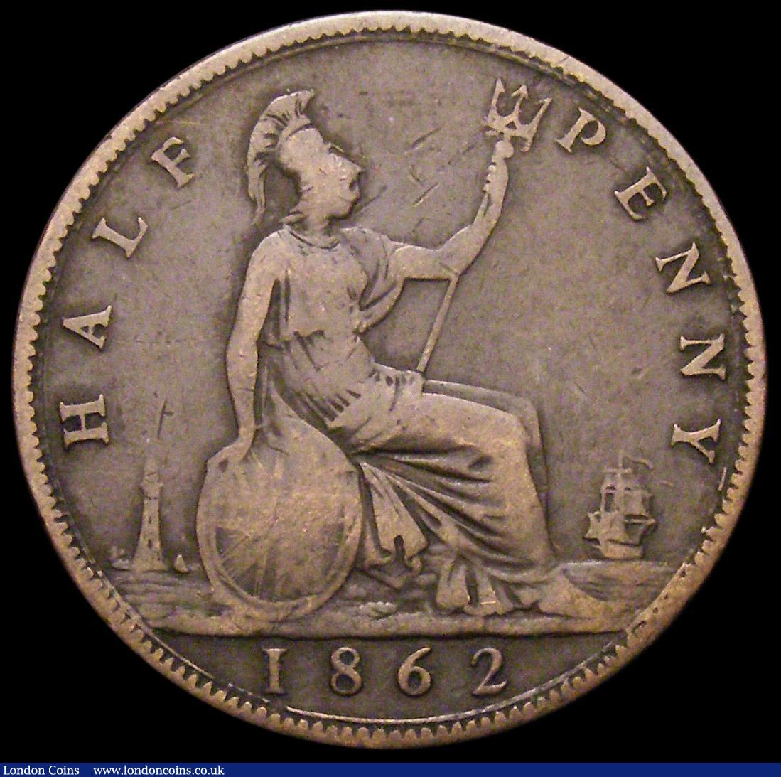 London Coins : A162 : Lot 2355 : Halfpenny 1862 Die Letter A to right of lighthouse Fine, excessively rare , unlisted by Freeman with...
