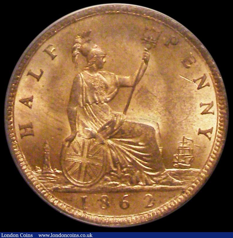 London Coins : A162 : Lot 2356 : Halfpenny 1862 Freeman 289 dies 7+G UNC and highly lustrous, in an LCGS holder and graded LCGS 85, t...