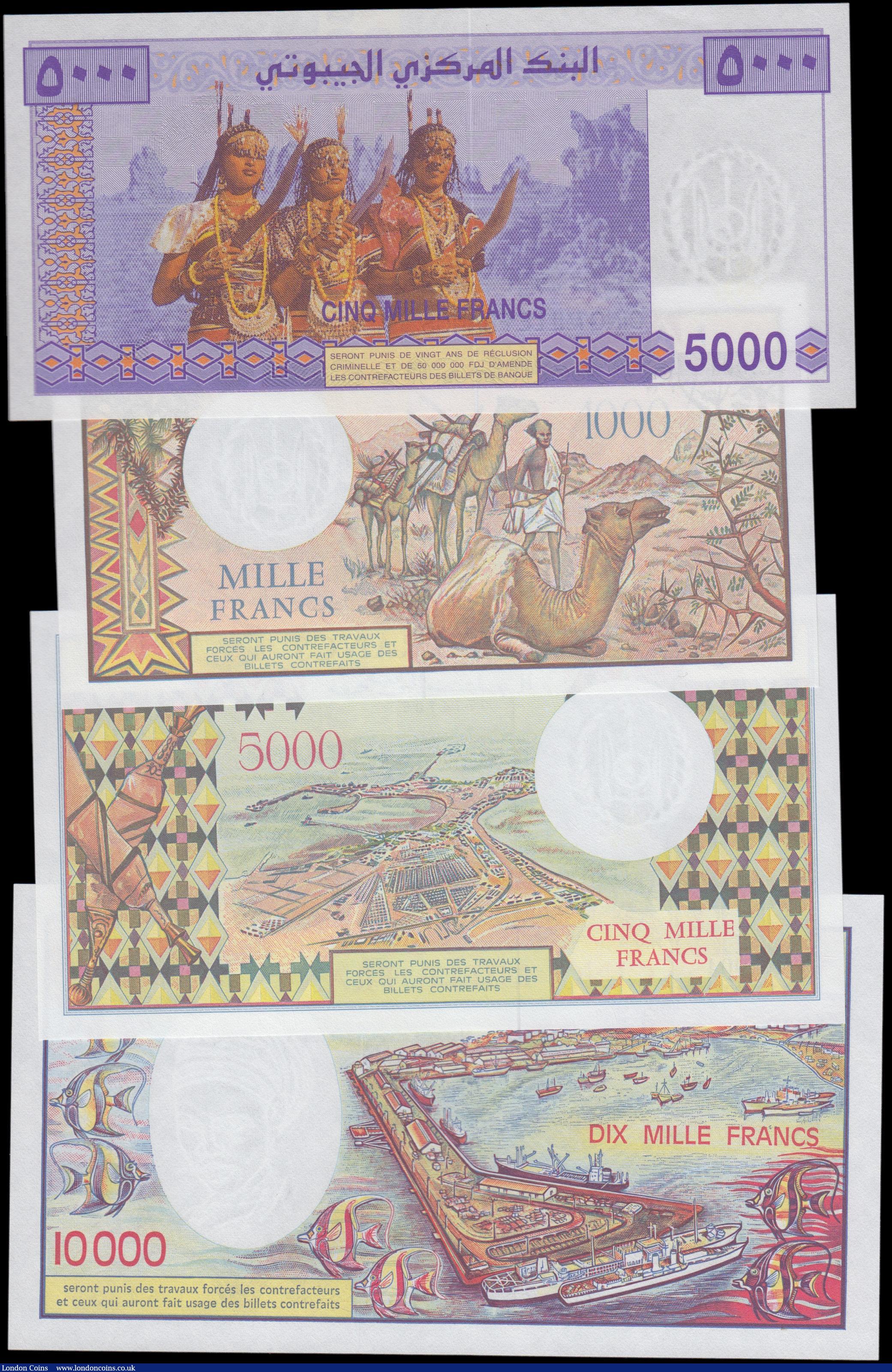 London Coins : A162 : Lot 237 : Djibouti (4), 10000 Francs issued 1984 series U.001 64356, (Pick39b), 5000 Francs issued 1979 series...