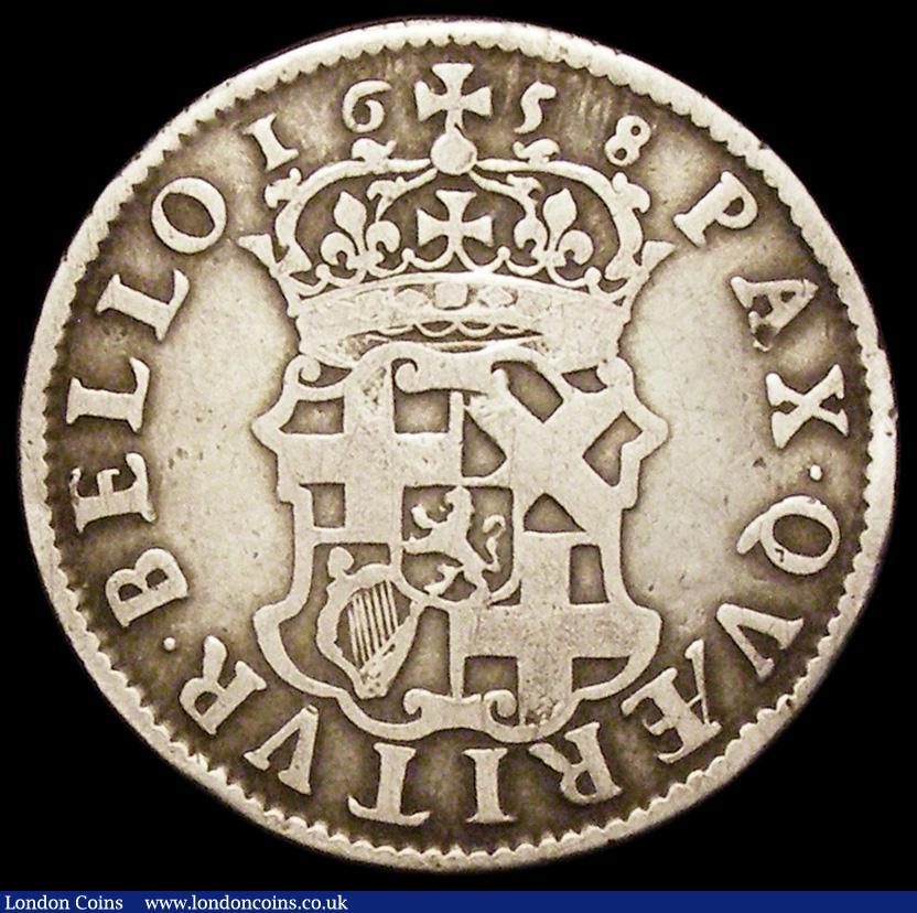 London Coins : A162 : Lot 2454 : Shilling 1658 Cromwell ESC 1005, Bull 254 VG the reverse slightly better, possibly once gilded and w...