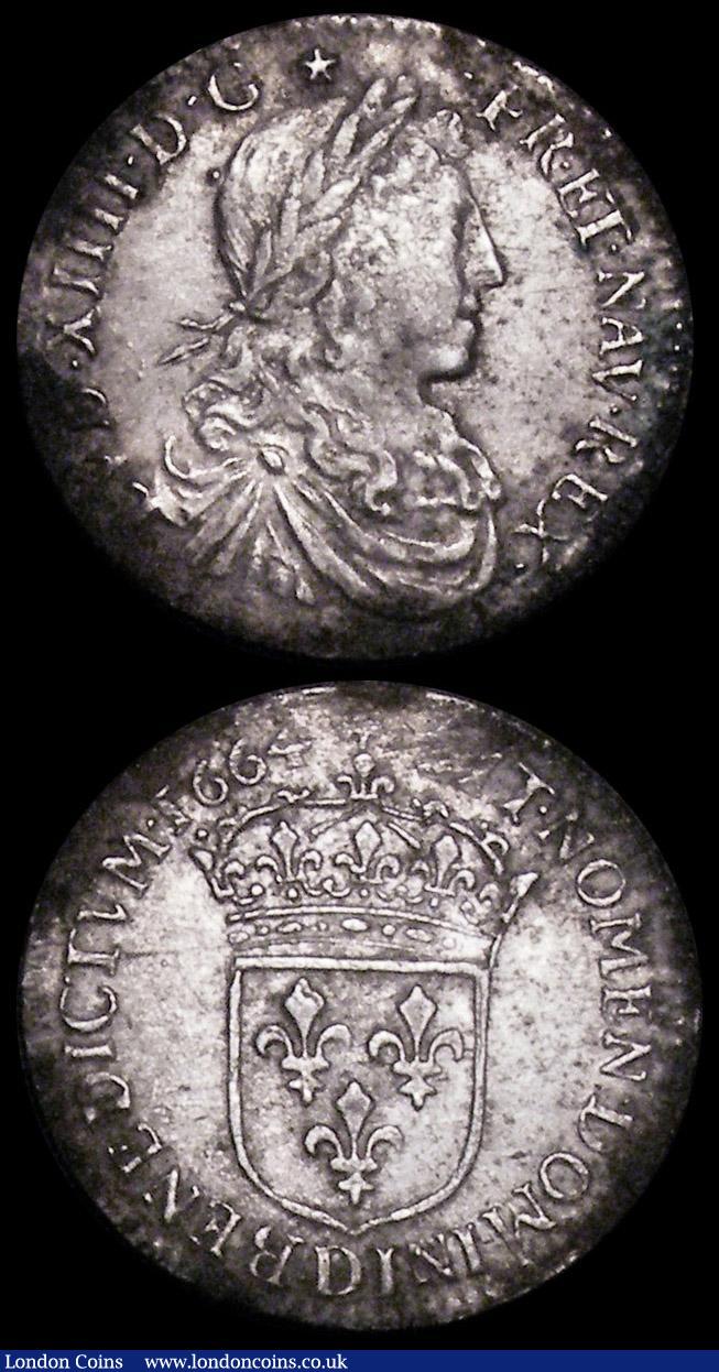 London Coins : A162 : Lot 2918 : France (2) 1/12 &eacute;cu au buste juv&eacute;nile 1664. Silver, Louis XIV 1664D. Laureate and drap...