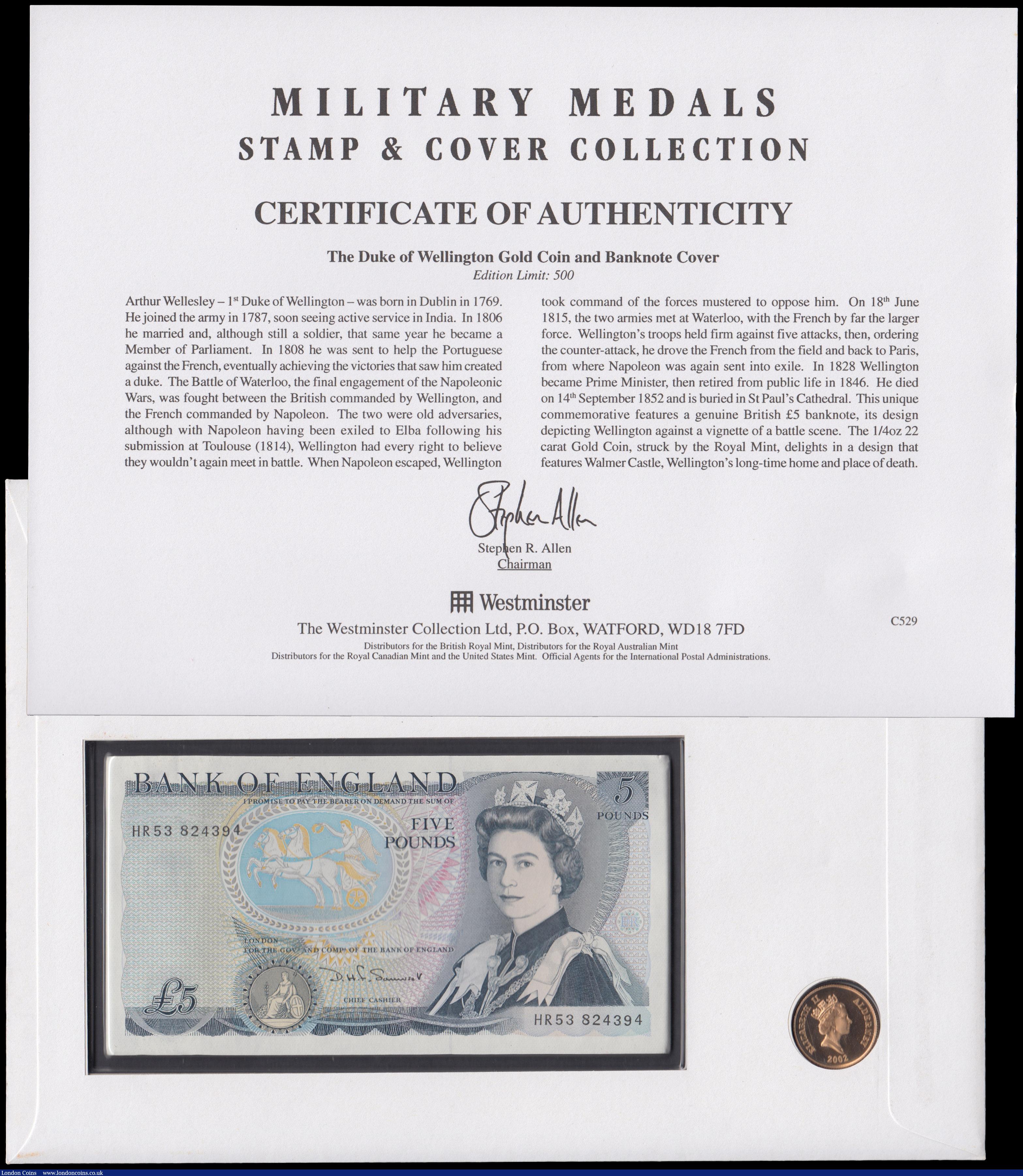 London Coins : A162 : Lot 704 : Alderney 25 Pounds 2002 Duke of Wellington Gold Proof in Westminster's First Day Cover Presenta...