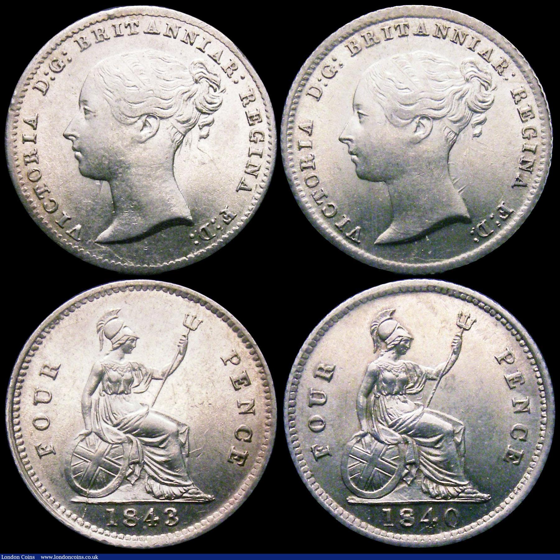 London Coins : A162 : Lot 842 : Groats (2) 1840 ESC 1934, Bull 3326 Lustrous UNC, 1843 ESC 1938, Bull 3334 EF and lustrous, along wi...