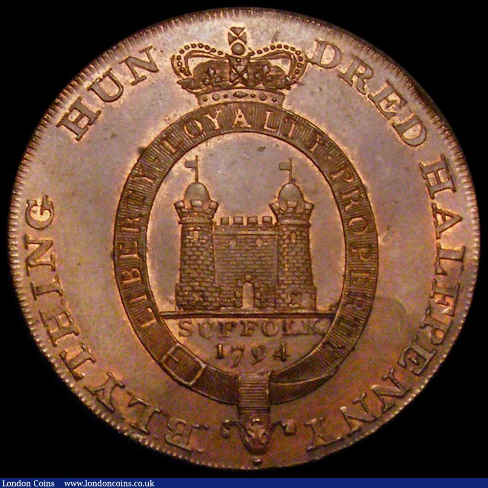 London Coins : A162 : Lot 872 : Halfpenny 18th Century Suffolk 1794 Loyal Suffolk Yeomanry, Sword point to L of SUFFOLK, DH19, edge ...