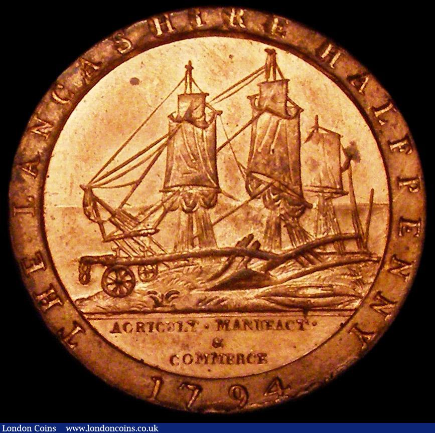 London Coins : A162 : Lot 873 : Halfpenny Lancashire - Lancaster 1794 Daniel Eccleston, No stop after COMMERCE DH58 UNC with around ...