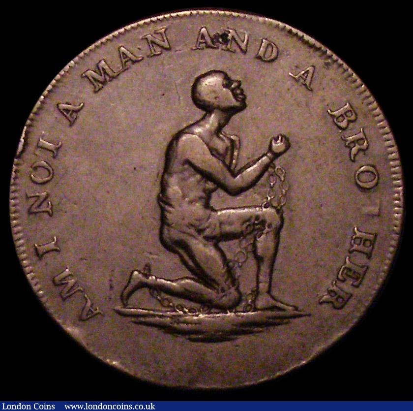 London Coins : A162 : Lot 874 : Halfpenny Middlesex  Slave Token DH1039A Kneeling Slave AM I NOT A MAN AND A BROTHER, edge PAYABLE A...