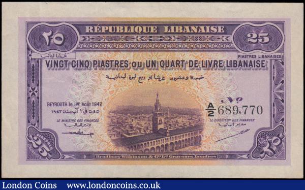 Lebanon 25 Piastres dated 1st August 1942 series A/2 689770, mosque in Damascus at centre, (Pick36), small spot of glue residue on reverse, very clean about EF : World Banknotes : Auction 162 : Lot 290