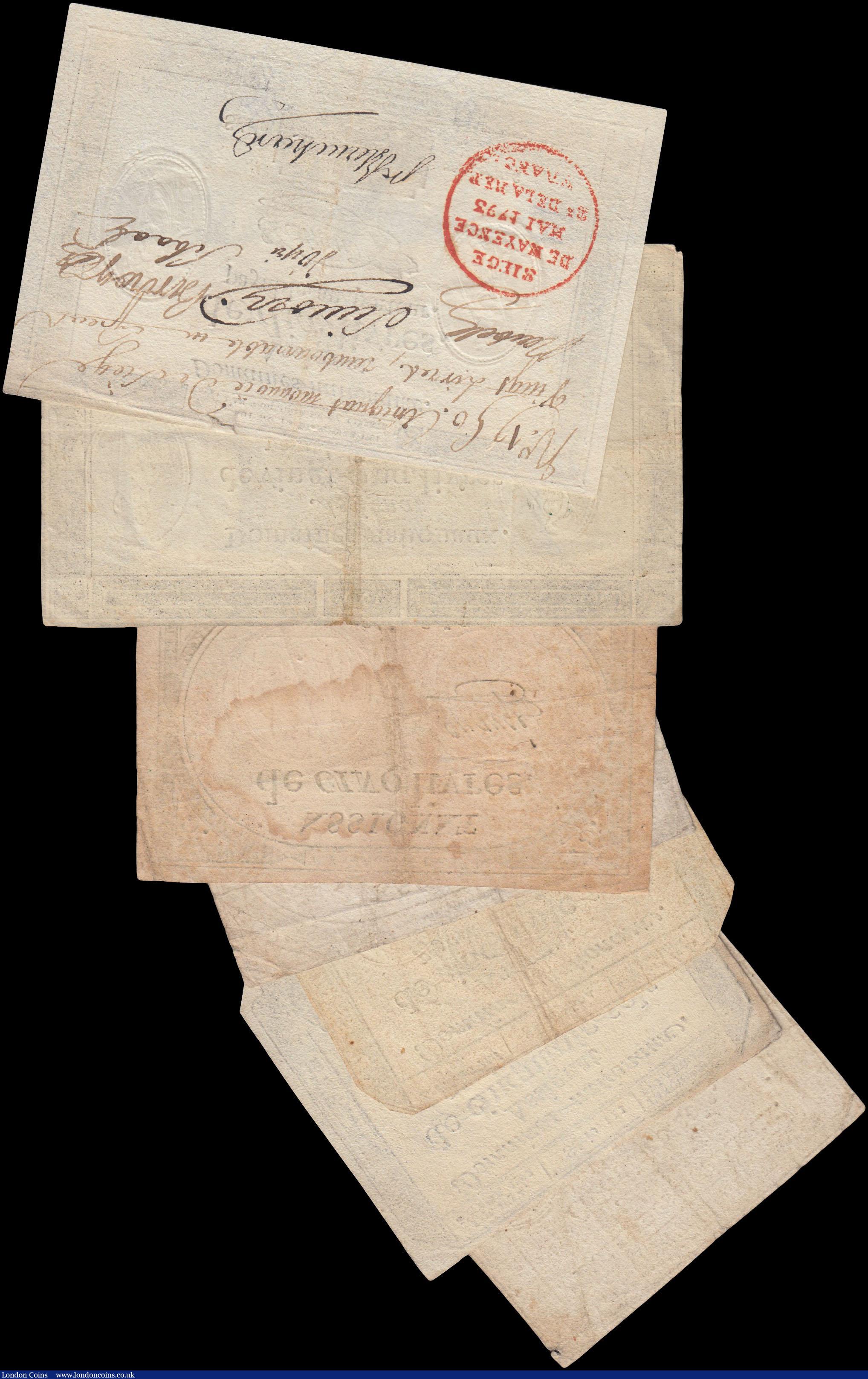 London Coins : A163 : Lot 1454 : France (7), Assignats from French Revolution, 10 livres dated 1791, with Siege de Mayence red hand s...
