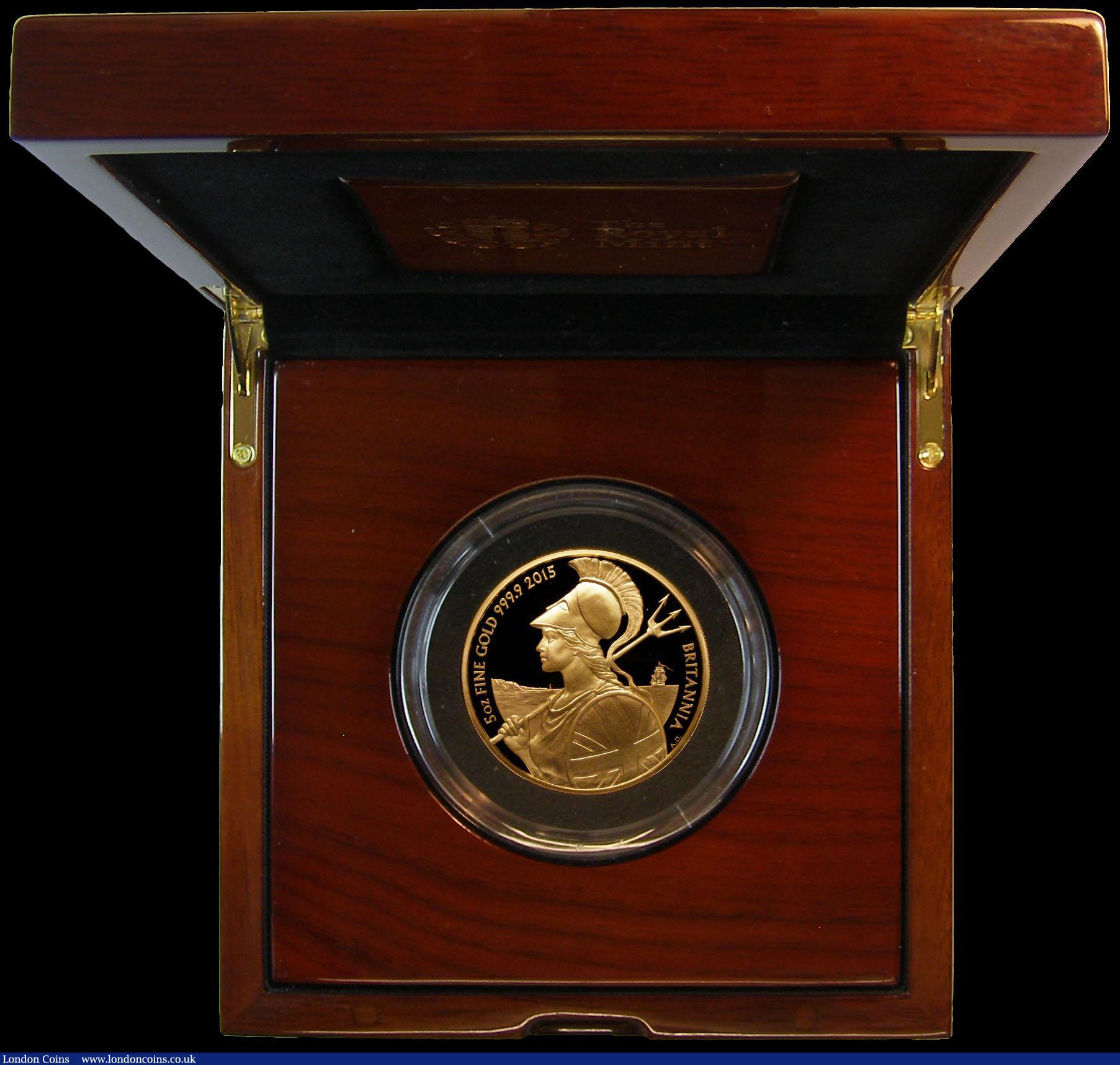 London Coins : A163 : Lot 1690 : Five Hundred Pounds Britannia 2015 Five Ounce Gold Proof (.999 pure) FDC Britannia with Trident over...