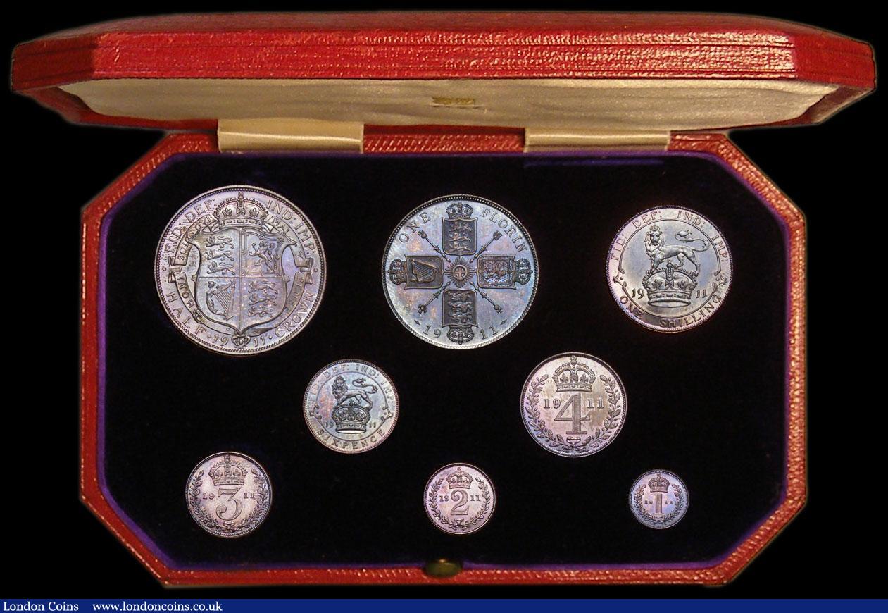 London Coins : A163 : Lot 1760 : Proof Set 1911 Silver Set (8 coins Halfcrown - Maundy Penny) nFDC with an attractive and colourful m...