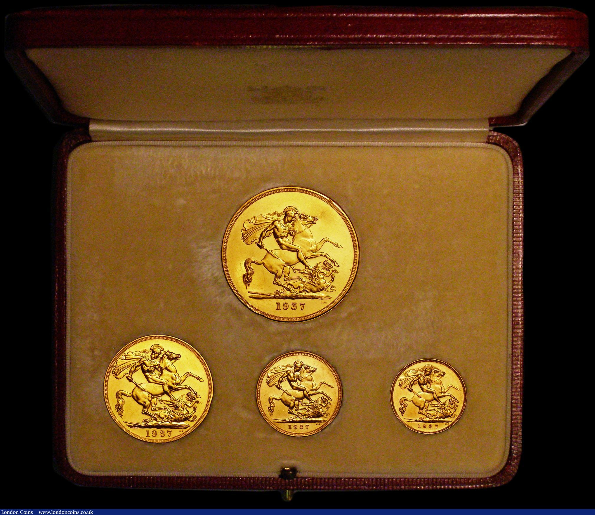 London Coins : A163 : Lot 1765 : Proof Set 1937 the 4-coin set in gold, Five Pounds, Two Pounds, Sovereign and Half Sovereign, UNC wi...
