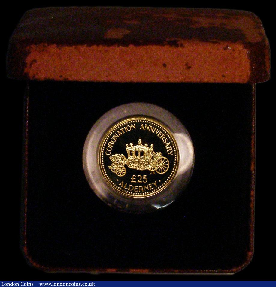 London Coins : A163 : Lot 1951 : Alderney &pound;25 1993 Coronation 40th Anniversary Gold Proof KM#6, FDC in the Royal Mint box of is...