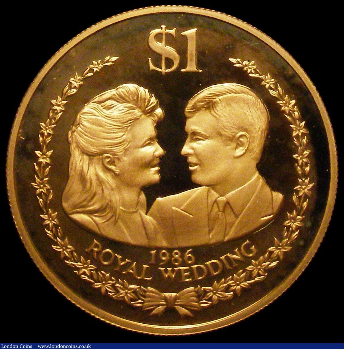 London Coins : A163 : Lot 1970 : Cook Islands One Dollar 1986 Royal Wedding 23 July 1986 Gold Proof FDC, 44 grammes of 22 carat gold,...