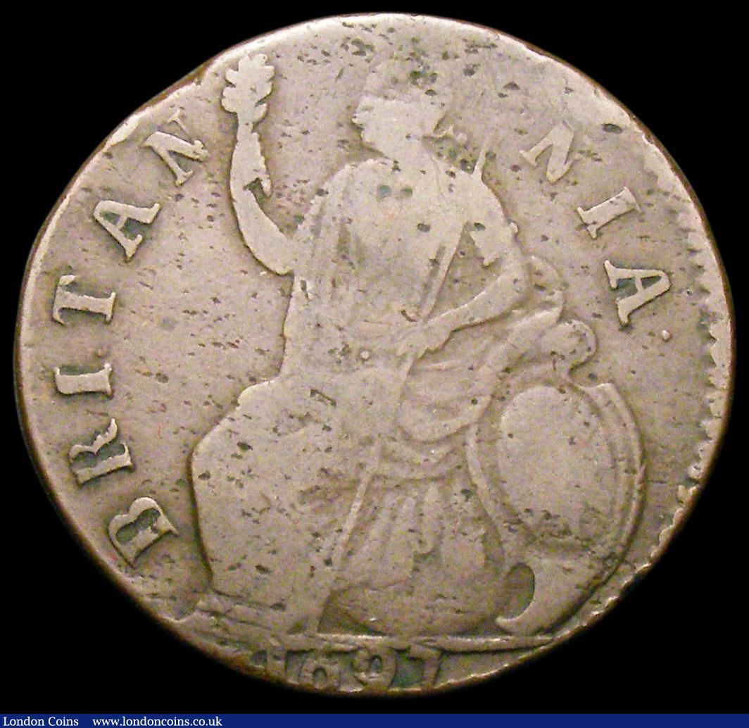 London Coins : A163 : Lot 2611 : Halfpenny 1697 GVLILMVS error, with stop after BRITANNIA, similar obverse die to Peck 649, however t...