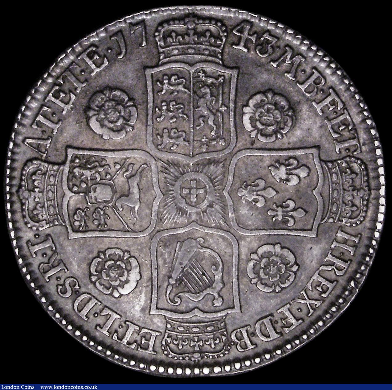 London Coins : A163 : Lot 592 : Halfcrown 1743 Roses ESC 603A VF/GVF and attractively toned 