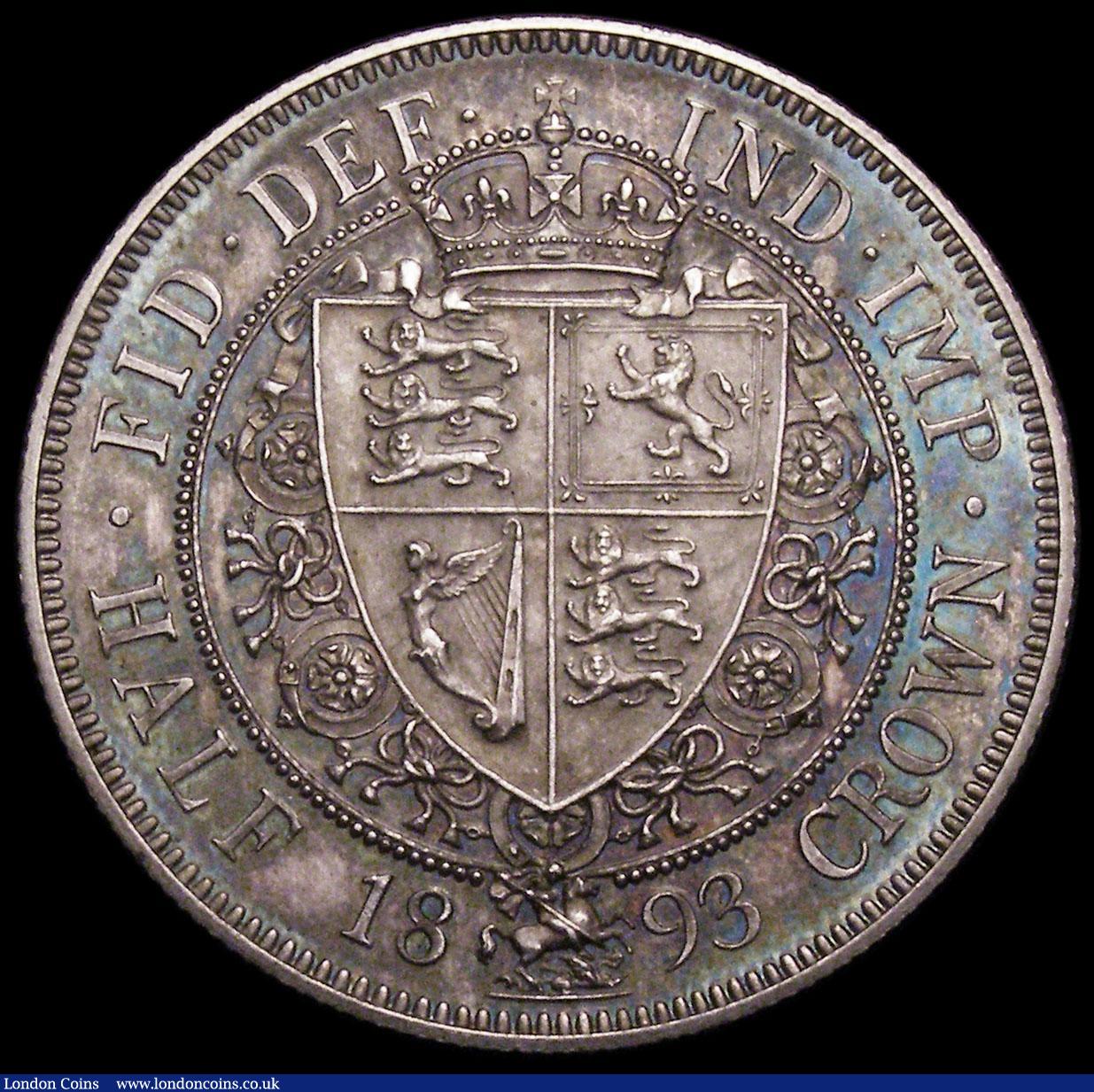 London Coins : A163 : Lot 653 : Halfcrown 1893 Proof ESC 727, Bull 2779, Davies 663, dies 2B, nFDC with attractive blue and green to...