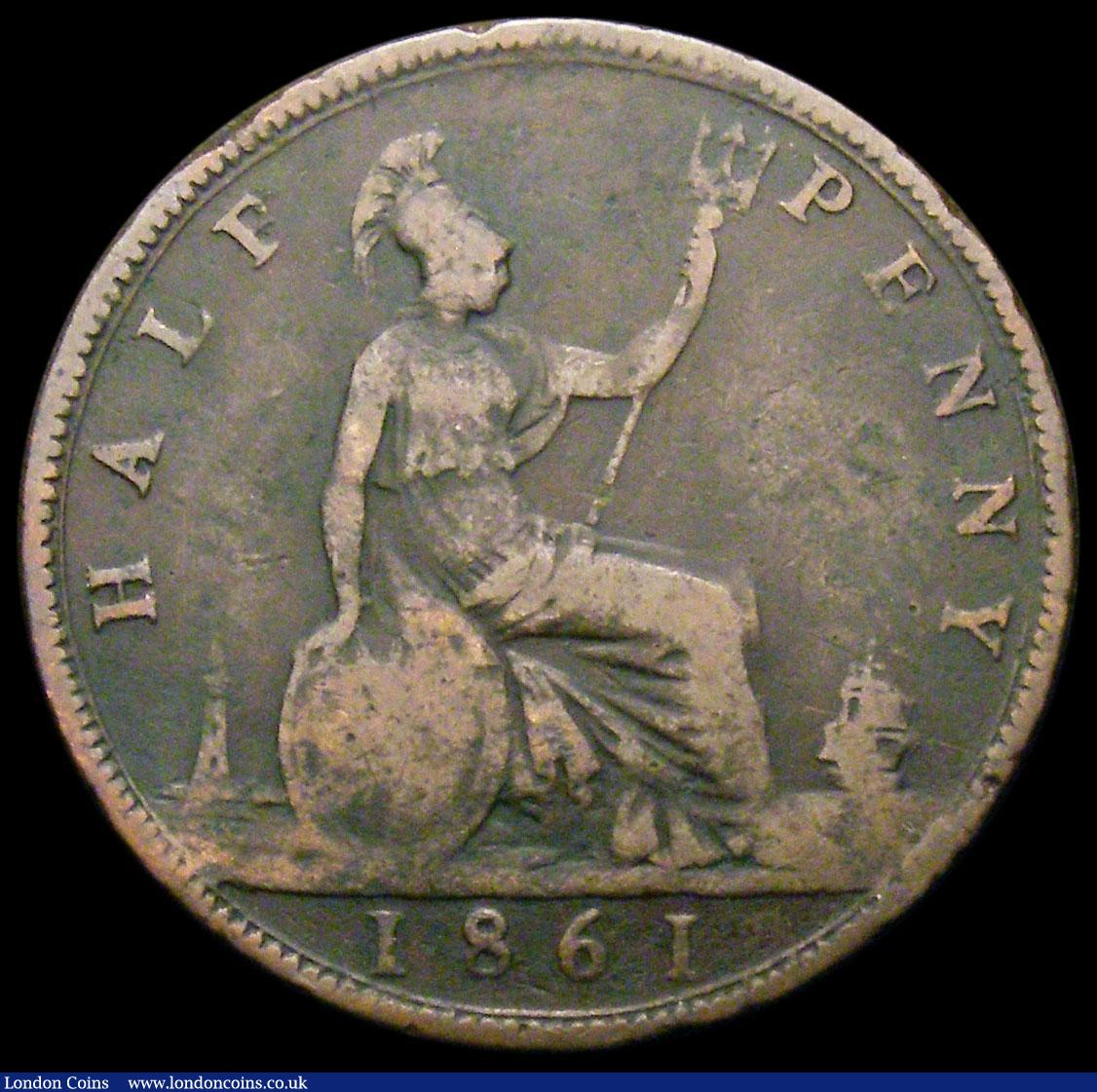 London Coins : A163 : Lot 709 : Halfpenny 1861 F of HALF over P unlisted by Peck or Freeman, but known to be very rare, VG with some...