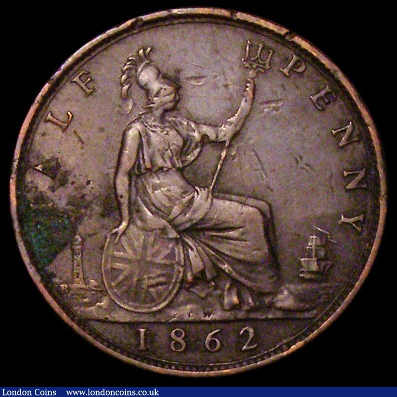 London Coins : A163 : Lot 714 : Halfpenny 1862 Die Letter B, Freeman 288 dies 7+E, Fine or slightly better for wear, with some conta...