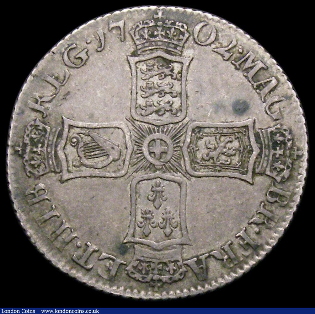 London Coins : A163 : Lot 801 : Shilling 1702 Plain below bust, plain in angles ESC 1128, Bull 1385 Nearer VF than Fine, nicely tone...