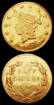 London Coins : A163 : Lot 2180 : USA Half Dollar 1874 California Gold Round flan Good Fine, Quarter Dollar California Gold 1872 NVF w...