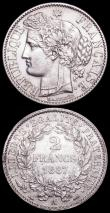 London Coins : A163 : Lot 2434 : France 2 Francs (2) 1871A KM#817.1 Lustrous UNC, 1887A KM#817.1 About UNC
