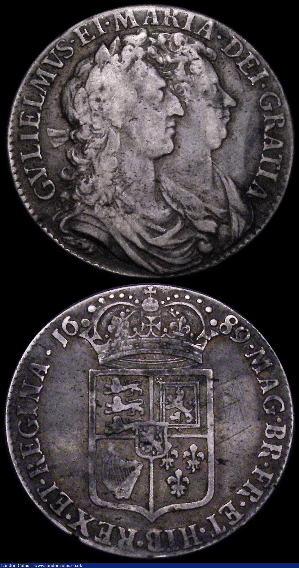 London Coins : A164 : Lot 1146 : Halfcrowns (2) 1689 First Shield, Caul only frosted, with Pearls, First V of GVLIELMVS over A or inv...