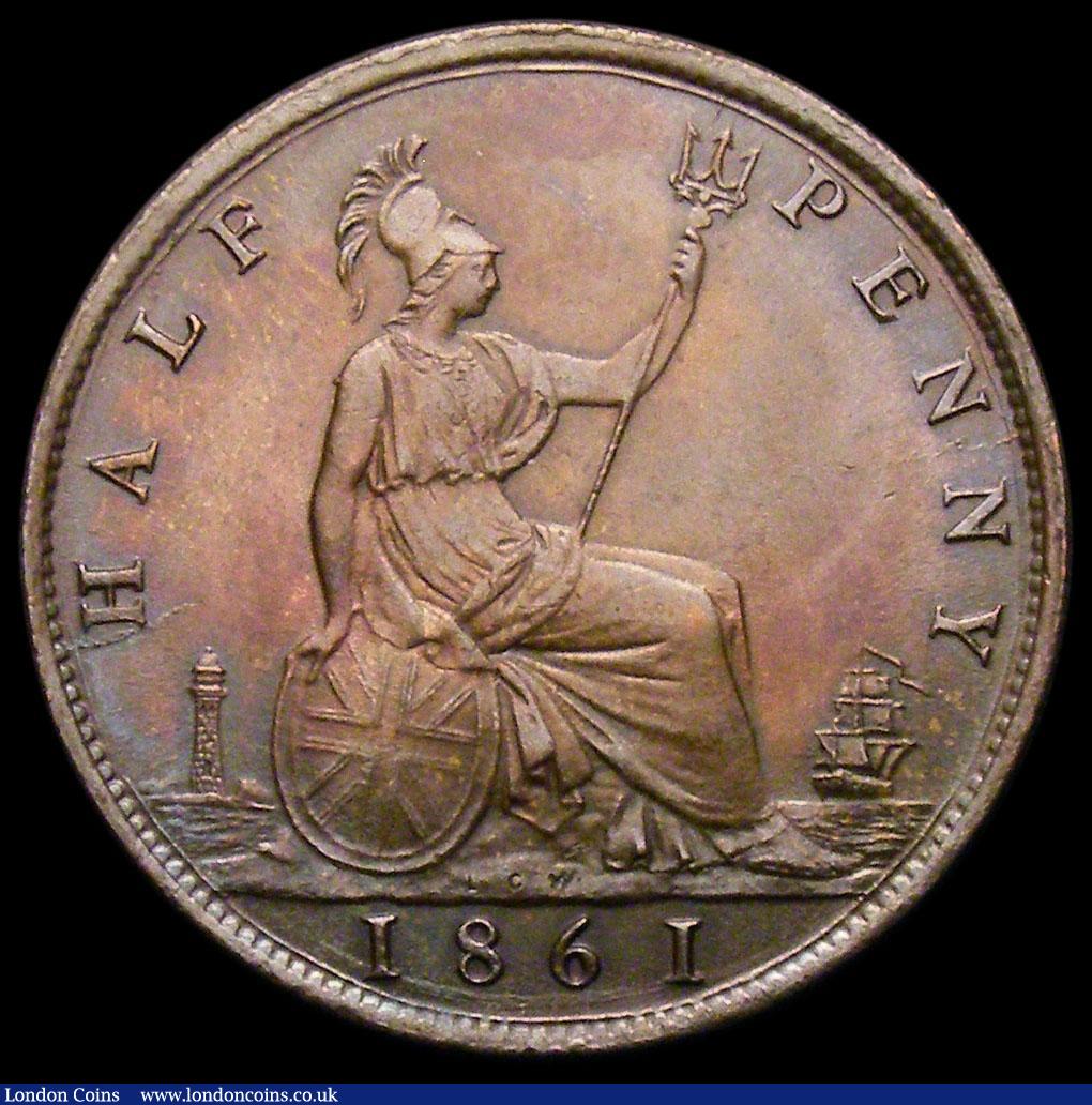 London Coins : A164 : Lot 1159 : Halfpenny 1861 Freeman 276 dies 6+E UNC with good subdued lustre, and with an attractive blue tone o...