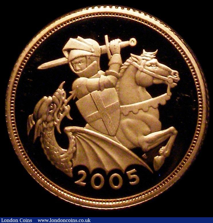 London Coins : A164 : Lot 1498 : Sovereign 2005 Proof S.SC6 UNC/nFDC with some small nicks, retaining practically full mint brillianc...