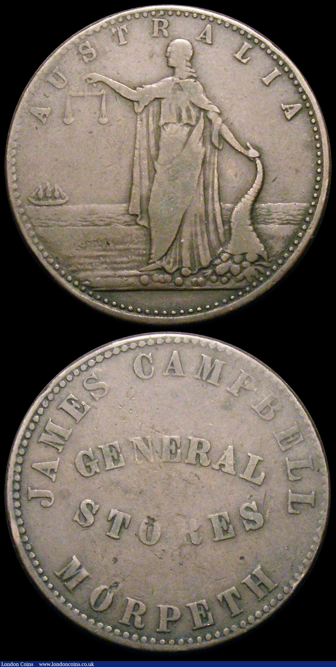 London Coins : A164 : Lot 284 : Australia (2) Halfpenny 1921 KM#22 UNC or near so with traces of lustre, Halfpenny Token 1862 James ...