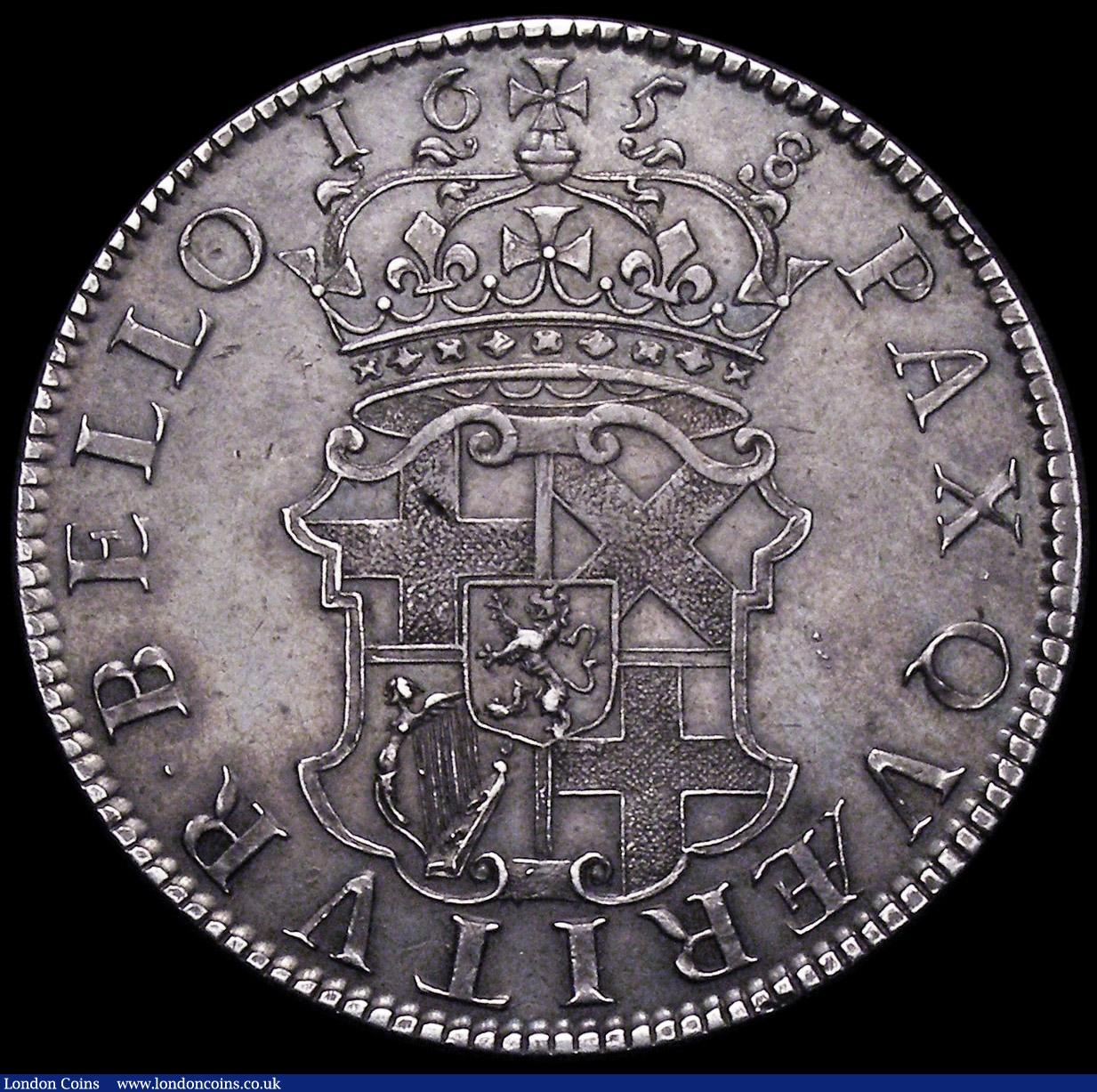 London Coins : A164 : Lot 875 : Crown 1658 8 over 7 ESC 10, Bull 240, NEF with the die flaw at a very early stage, a small haymark o...