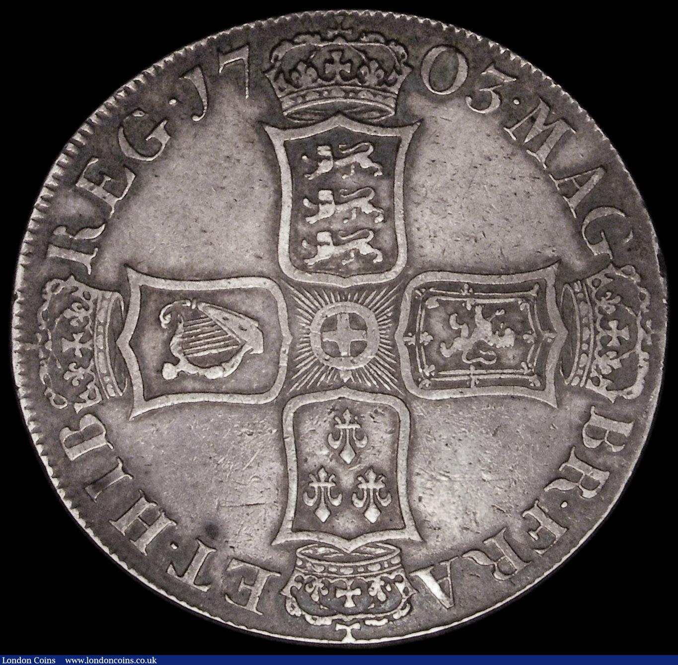 London Coins : A164 : Lot 884 : Crown 1703 VIGO, TERTIO edge, ESC 99, Bull 1340, the R in TERTIO overstruck, the underlying letter u...