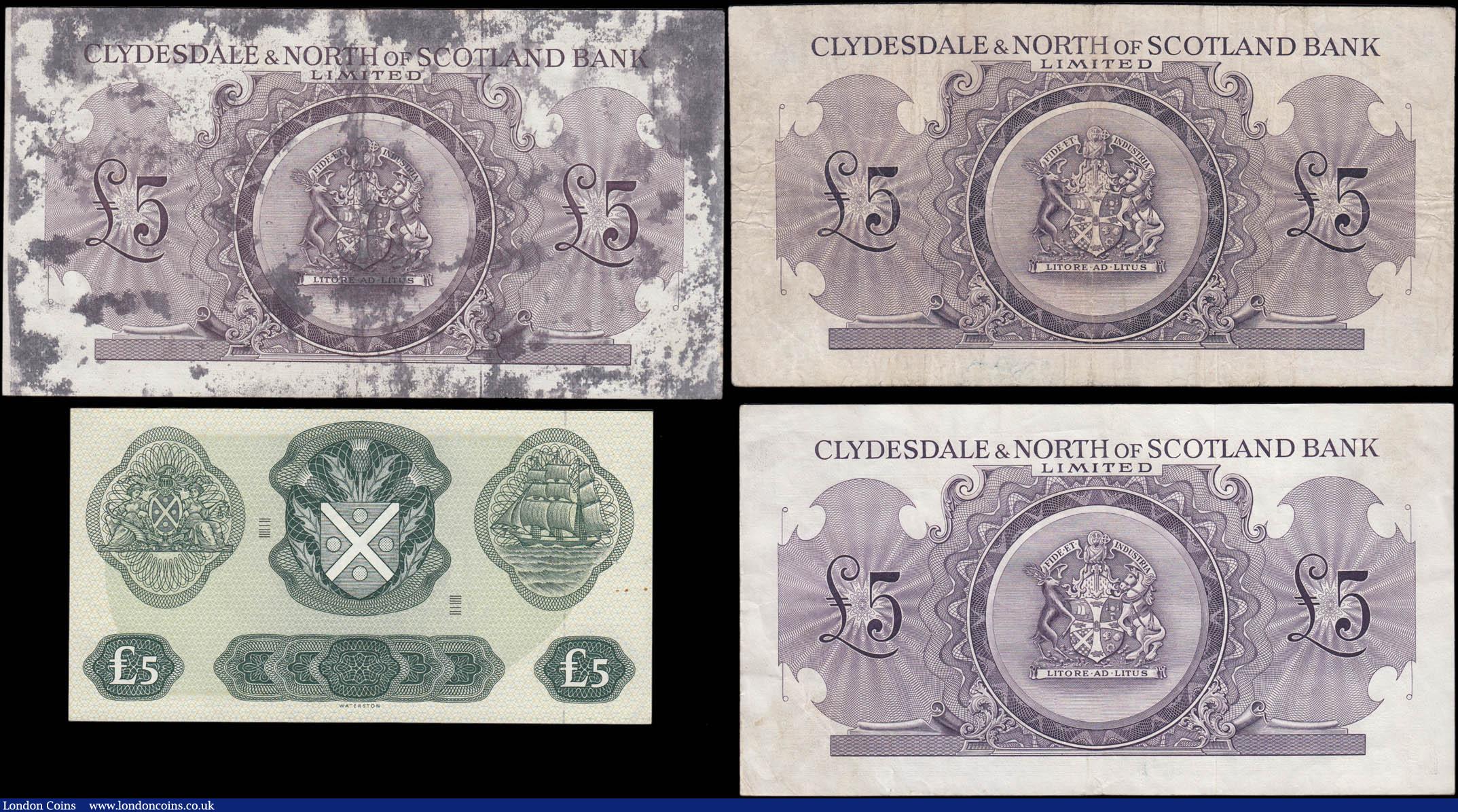 London Coins : A165 : Lot 1017 : Scotland (4) 5 Pounds Clydesdale & North of Scotland Bank Limited (3) comprising Callaway & ...
