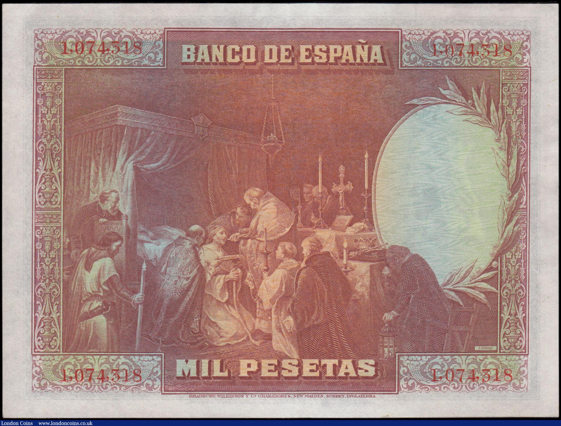 London Coins : A165 : Lot 1054 : Spain 1000 Pesetas Banco De Espana Pick 78 dated 15th August 1928 series 1074318  King Fernando I of...