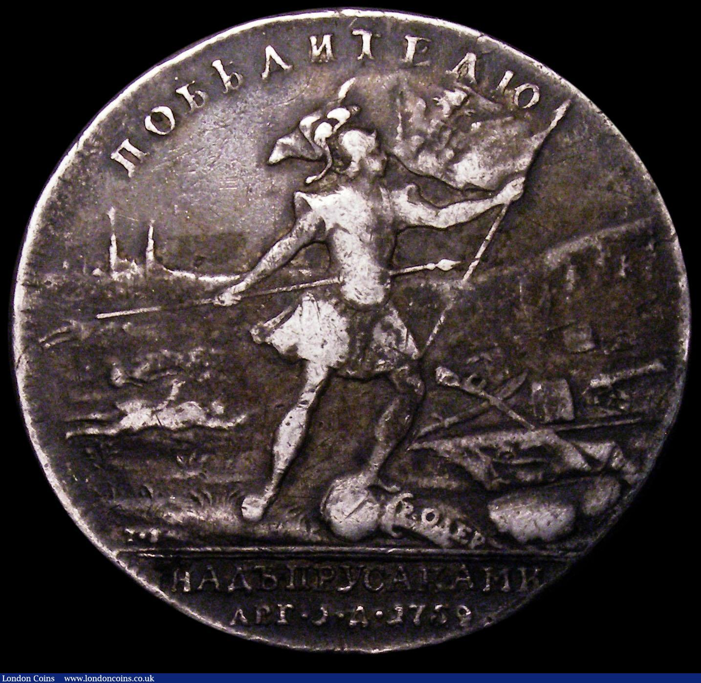 London Coins : A165 : Lot 1418 : Russia - Victory over Prussia 1759, 40mm diameter in silver by T.Ivanov, Diakov #105.1, Smirn #241a....
