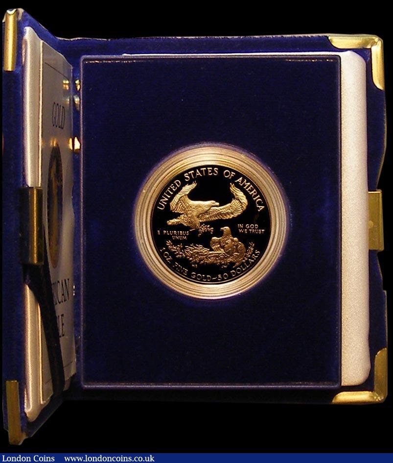 London Coins : A165 : Lot 1954 : USA 50 Dollars Gold Eagle One Ounce 1986 Proof KM#219 nFDC/FDC with a hint of toning, retaining prac...